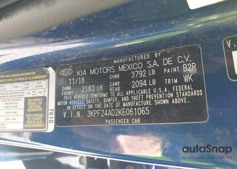 2019 Kia Forte Lxs из США, поврежденный, VIN 3KPF24AD2KE061065